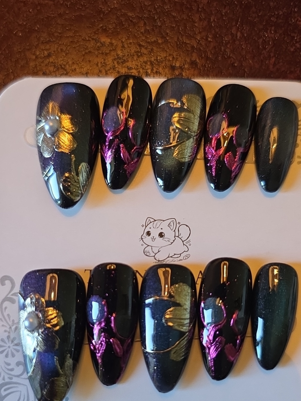 Black Floral Accent Press-On Nails with Gold & Pink Highlights Size Large